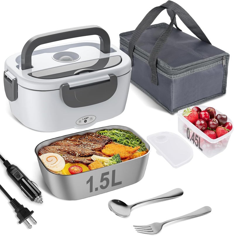 Vabaso Electric Lunch Box Food Heater, 80W Electric Heating Lunch Boxes Lunch for Car/Men/Adults/Home/Work, 1.5L Removable 304 Stainless Steel Container, 110V/12V/24V, with Fork & Spoon - Image 1